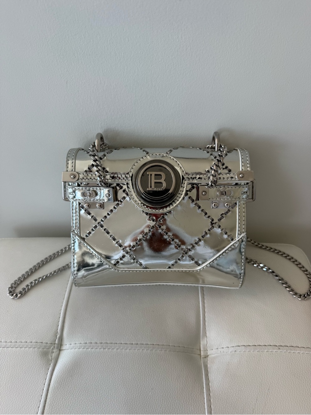 Balmain Silver Metallic Quilted Chain Crossbody